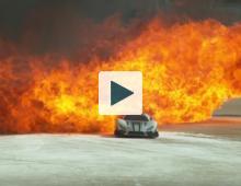 RC car driving through flames