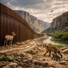 A tall metal barrier separates a canyon landscape, featuring a deer and a bobcat with its cub