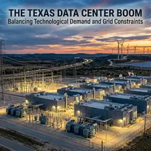 Dusk photograph of extensive power infrastructure, including substation and wind turbines