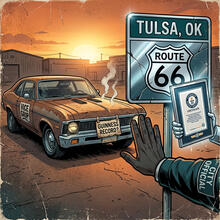 Rusty car smoking on Route 66 at sunset, stopped by an official with a Guinness certificate.
