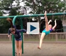 Girls jumping from swings