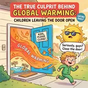 Satirical cartoon: A child runs from an open door emitting flames, while a sun looks annoyed
