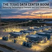 Dusk photograph of extensive power infrastructure, including substation and wind turbines
